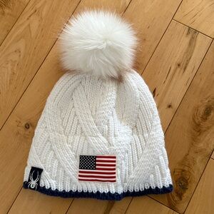 Spyder White Knit Hat with Pom and Flag Patch